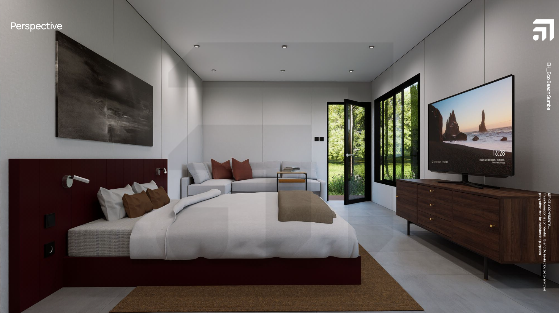 Apartment Studio interior perspective: bedroom and living area